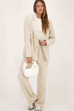 Beige Linnen Look Blazer Met Dubbele Knoopsluiting