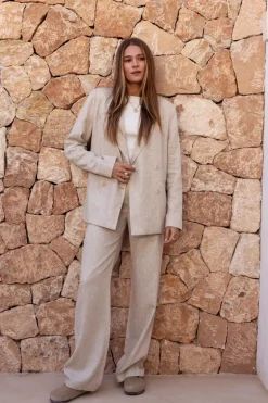 Beige Linnen Look Blazer Met Dubbele Knoopsluiting