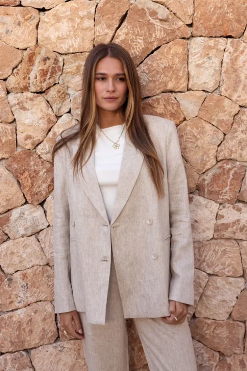 Beige Linnen Look Blazer Met Dubbele Knoopsluiting