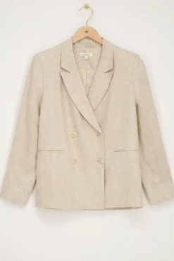 Beige Linnen Look Blazer Met Dubbele Knoopsluiting