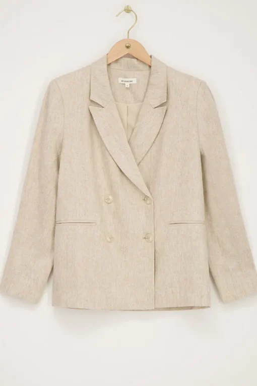 Beige Linnen Look Blazer Met Dubbele Knoopsluiting