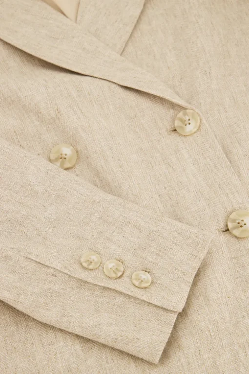 Beige Linnen Look Blazer Met Dubbele Knoopsluiting