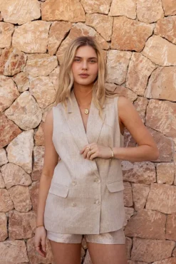 Beige Linnen Look Gilet Met Dubbele Knoopsluiting