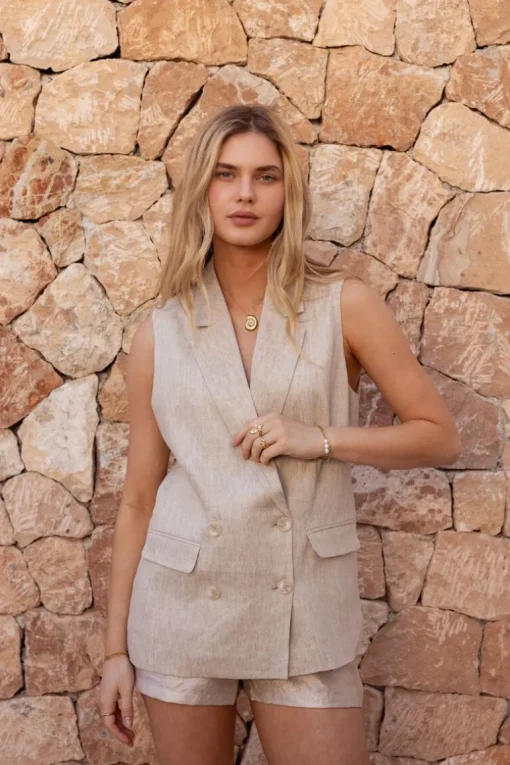 Beige Linnen Look Gilet Met Dubbele Knoopsluiting