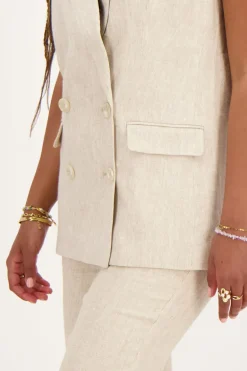 Beige Linnen Look Gilet Met Dubbele Knoopsluiting