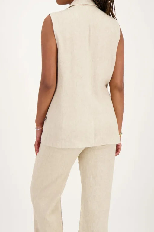 Beige Linnen Look Gilet Met Dubbele Knoopsluiting