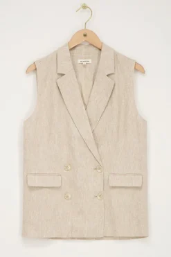 Beige Linnen Look Gilet Met Dubbele Knoopsluiting