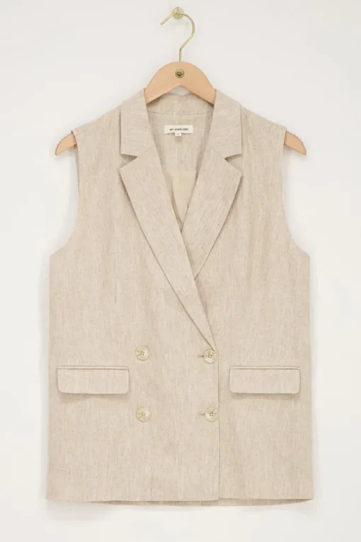 Beige Linnen Look Gilet Met Dubbele Knoopsluiting