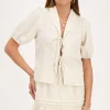 Beige Linnen Look Top Met Strikjes