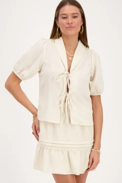 Beige Linnen Look Top Met Strikjes