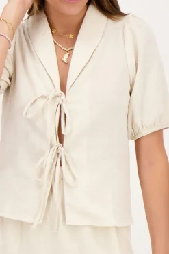 Beige Linnen Look Top Met Strikjes