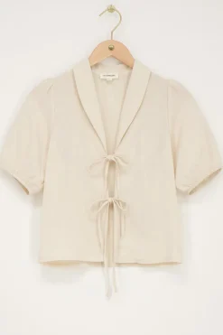 Beige Linnen Look Top Met Strikjes