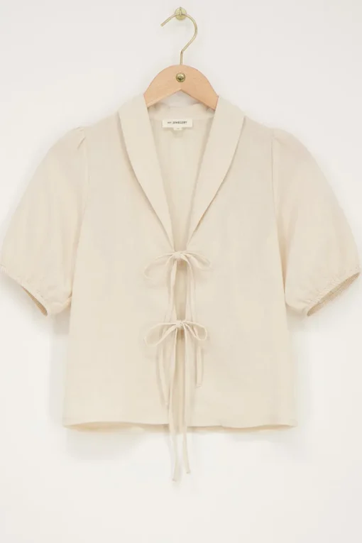 Beige Linnen Look Top Met Strikjes