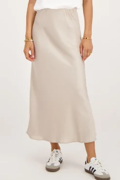 Beige Midi Satijnen Rok