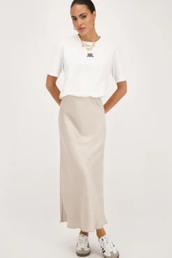 Beige Midi Satijnen Rok