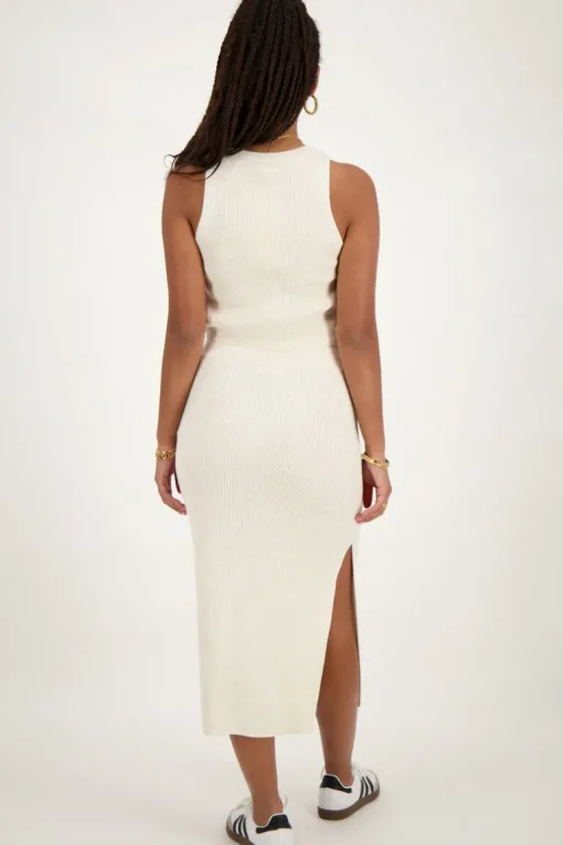 Beige Midi Skirt Met Split En Rib