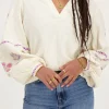 Beige Mousseline Blouse Met Embroidery