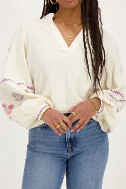 Beige Mousseline Blouse Met Embroidery