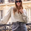 Beige Mousseline Blouse Met Lurex Pinstripe