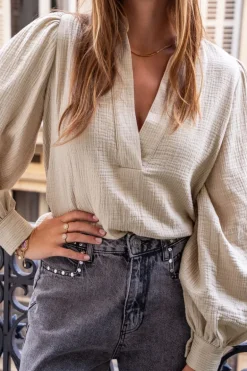 Beige Mousseline Blouse Met Lurex Pinstripe