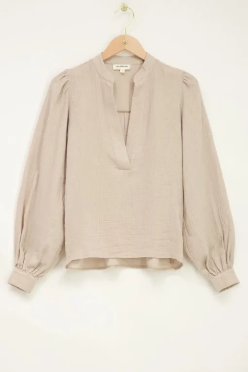Beige Mousseline Blouse Met Lurex Pinstripe