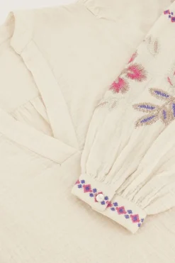 Beige Mousseline Blouse Met Embroidery