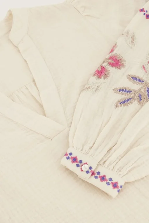 Beige Mousseline Blouse Met Embroidery