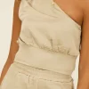 Beige One Shoulder Top Satijnen Look