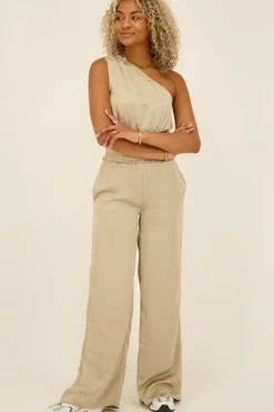Beige One Shoulder Top Satijnen Look