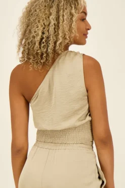 Beige One Shoulder Top Satijnen Look