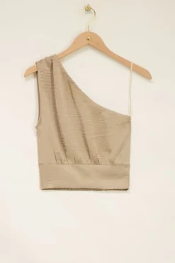 Beige One Shoulder Top Satijnen Look