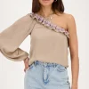 Beige One-shoulder Top Met Multikleur Embroidery