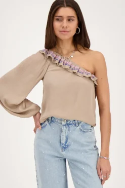Beige One-shoulder Top Met Multikleur Embroidery