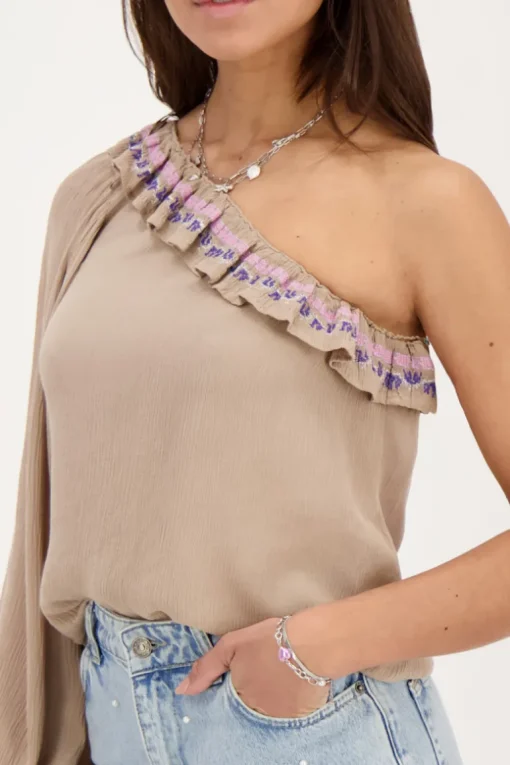 Beige One-shoulder Top Met Multikleur Embroidery