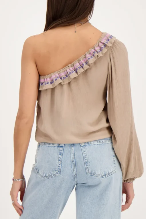 Beige One-shoulder Top Met Multikleur Embroidery
