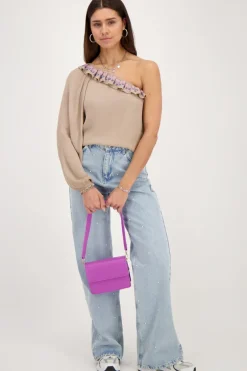 Beige One-shoulder Top Met Multikleur Embroidery