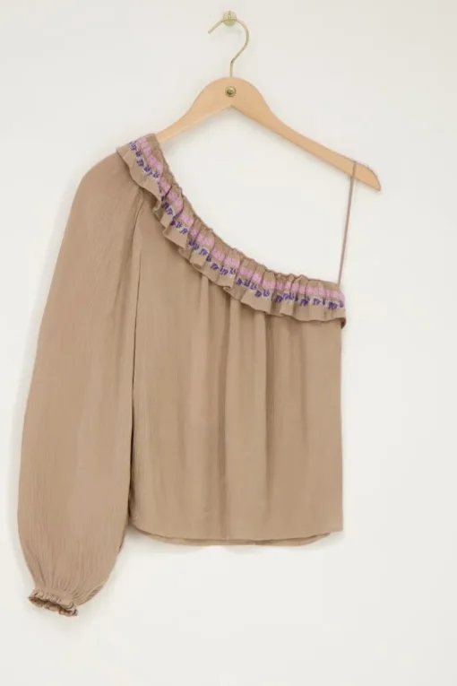 Beige One-shoulder Top Met Multikleur Embroidery