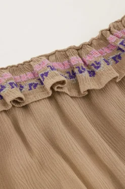 Beige One-shoulder Top Met Multikleur Embroidery