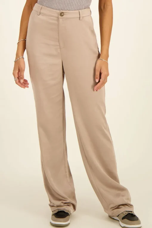 Beige Pantalon Satijn Look