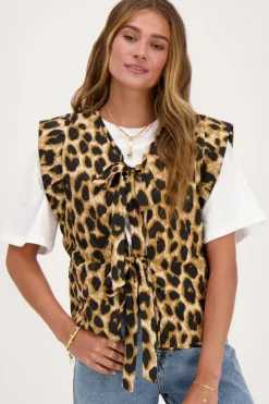 Beige Panterprint Gilet Met Strikjes