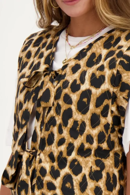 Beige Panterprint Gilet Met Strikjes