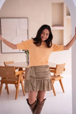 Beige Satijnen Look Rok Met Plooi