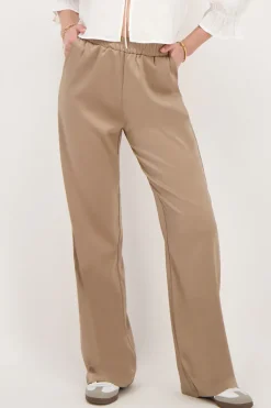 Beige Satijnen Wide Leg Broek Met Elastiek