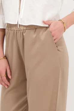 Beige Satijnen Wide Leg Broek Met Elastiek