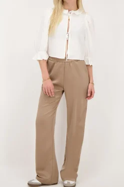 Beige Satijnen Wide Leg Broek Met Elastiek