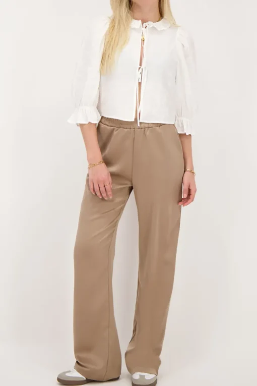 Beige Satijnen Wide Leg Broek Met Elastiek