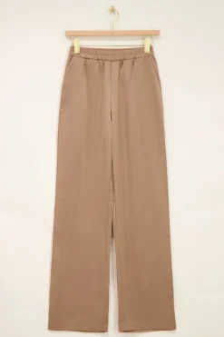 Beige Satijnen Wide Leg Broek Met Elastiek