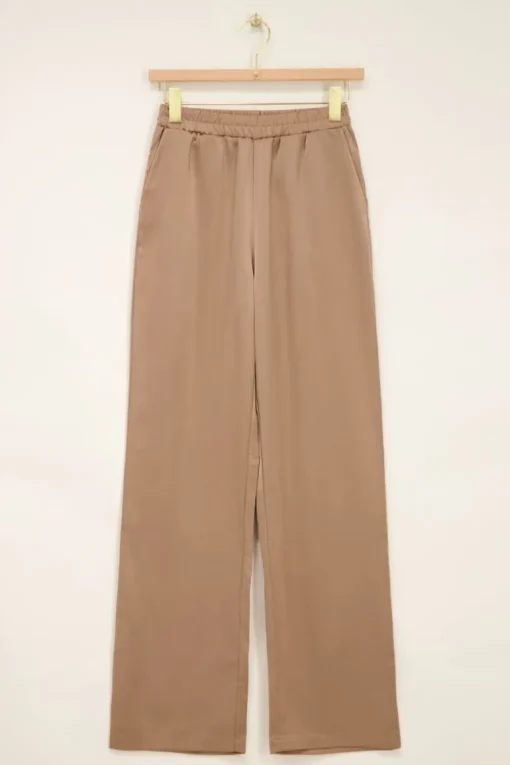 Beige Satijnen Wide Leg Broek Met Elastiek
