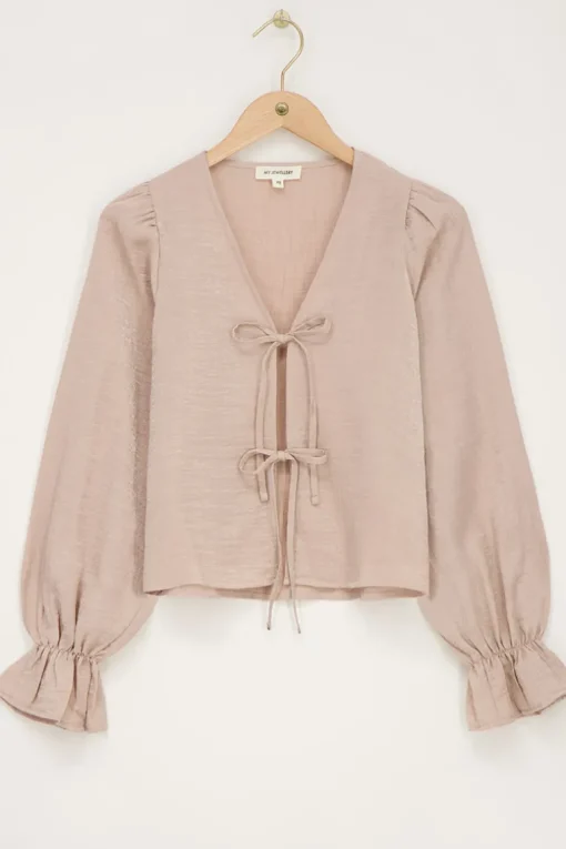 Beige Shiny Top Met Strikjes & Ruffle Mouwtjes