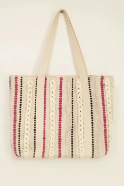 Beige Shopper Met Multikleur Strepen & Gevlochten Details